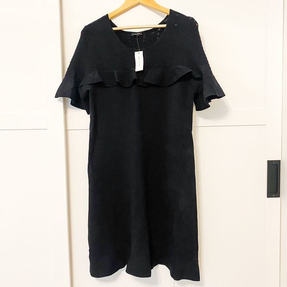 Ann Taylor Chevron Ruffle Sweater Dress Black L NWT - Picture 2 of 8